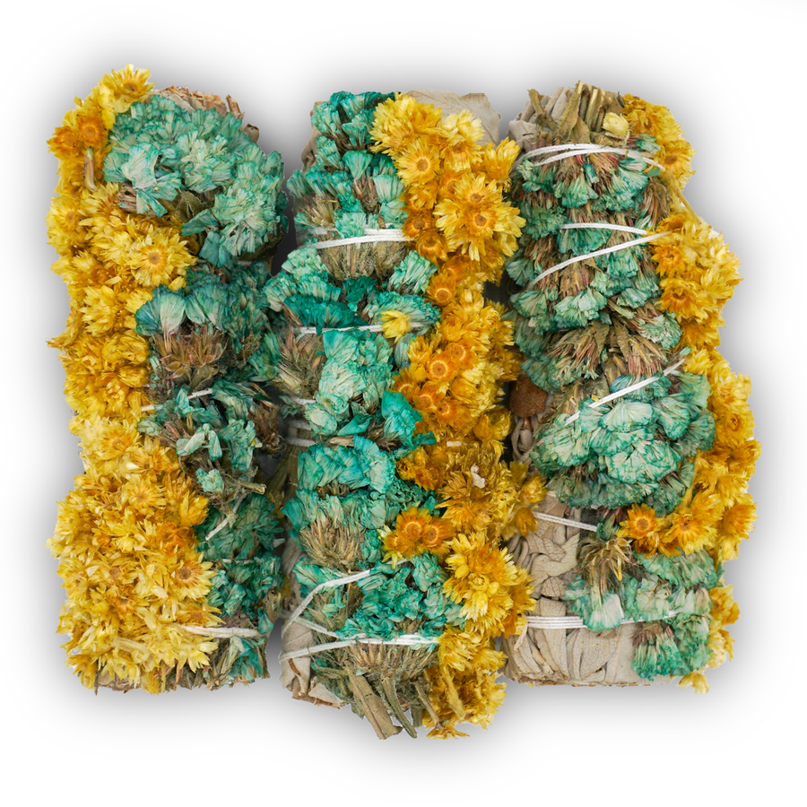 Turqoise & Yellow Sinuata Flower with White Sage Bundle