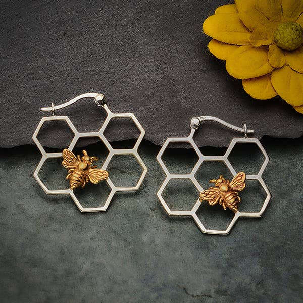 Honeycomb Hoop Earrings with Bronze Bee